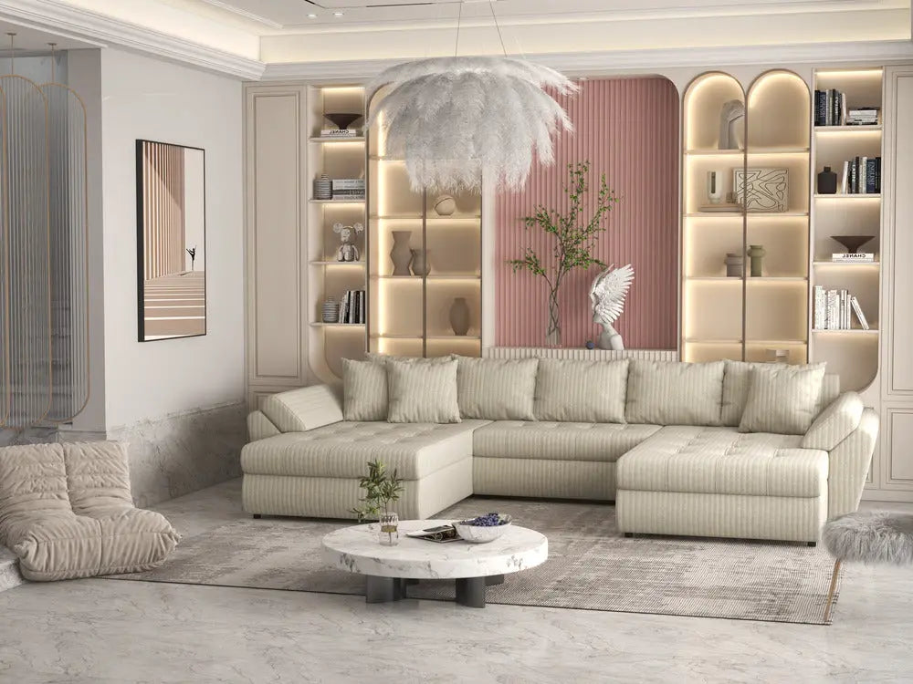 Colțar extensibil dumonde cu ladă de depozitare Loana Ambience bej U 375x185 cm