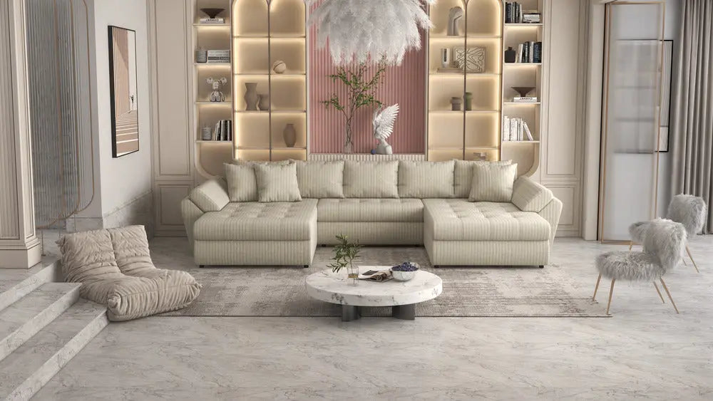 Colțar extensibil dumonde cu ladă de depozitare Loana Ambience bej U 375x185 cm