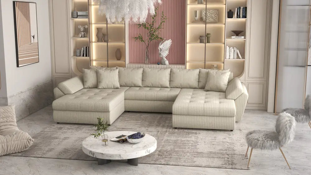 Colțar extensibil dumonde cu ladă de depozitare Loana Ambience bej U 375x185 cm