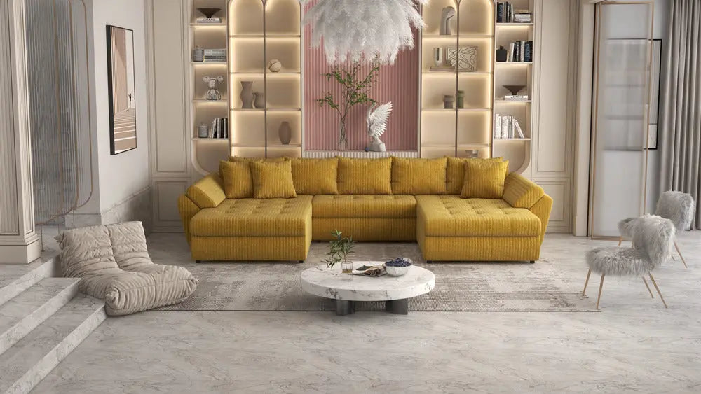 Colțar extensibil dumonde cu ladă de depozitare Loana Ambience mustar U 375x185 cm