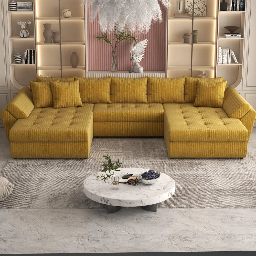 Colțar extensibil dumonde cu ladă de depozitare si sezut confortabil din spuma high-density, Loana Ambience mustar U 355x185 cm