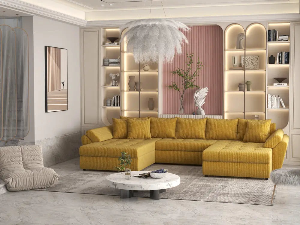 Colțar extensibil dumonde cu ladă de depozitare Loana Ambience mustar U 375x185 cm