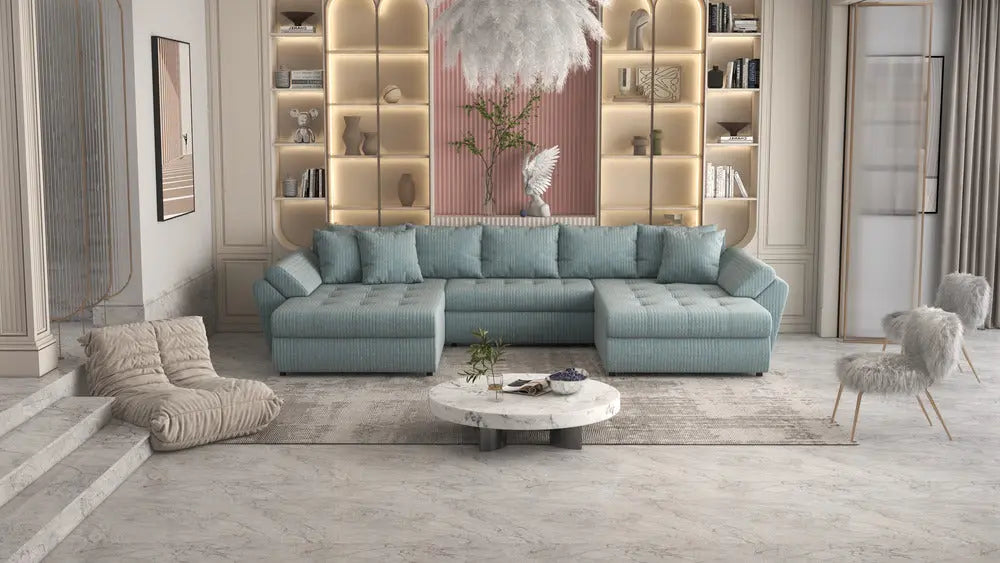Colțar extensibil dumonde cu ladă de depozitare Loana Ambience verde deschis U 375x185 cm