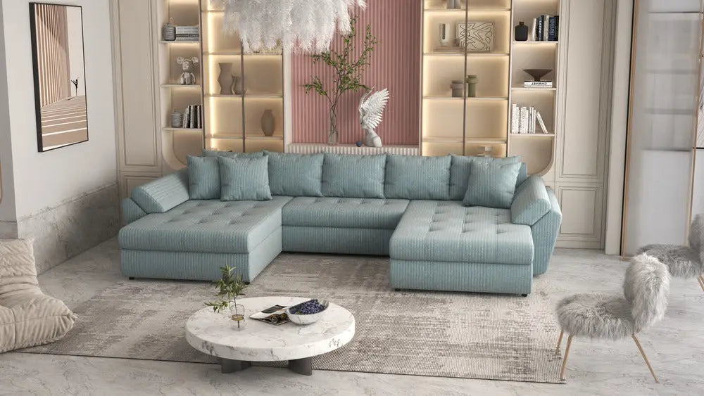 Colțar extensibil dumonde cu ladă de depozitare Loana Ambience verde deschis U 375x185 cm