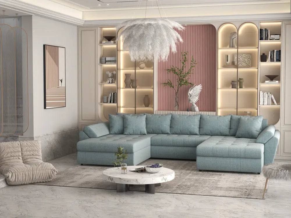 Colțar extensibil dumonde cu ladă de depozitare Loana Ambience verde deschis U 375x185 cm
