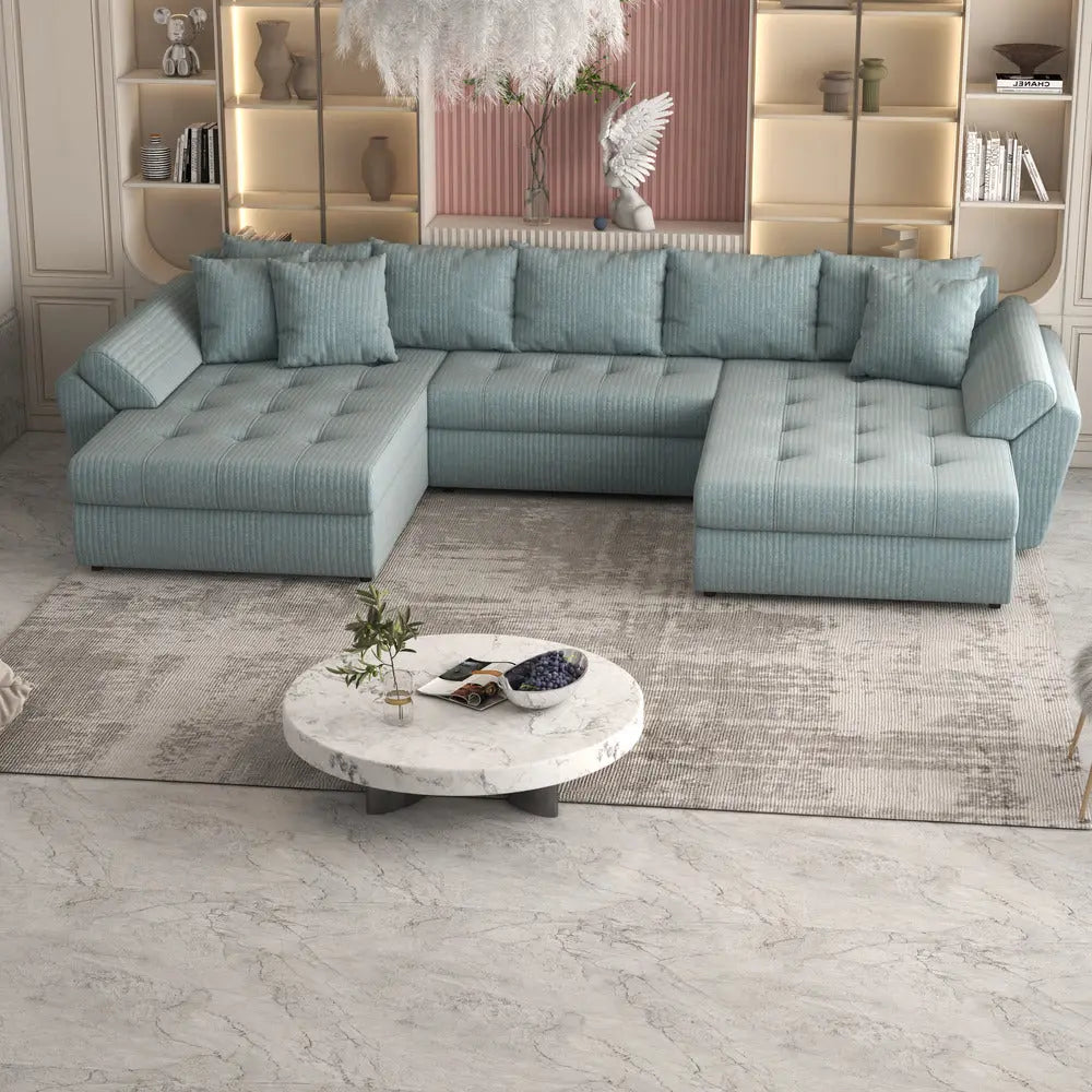 Colțar extensibil dumonde cu ladă de depozitare Loana Ambience verde deschis U 375x185 cm