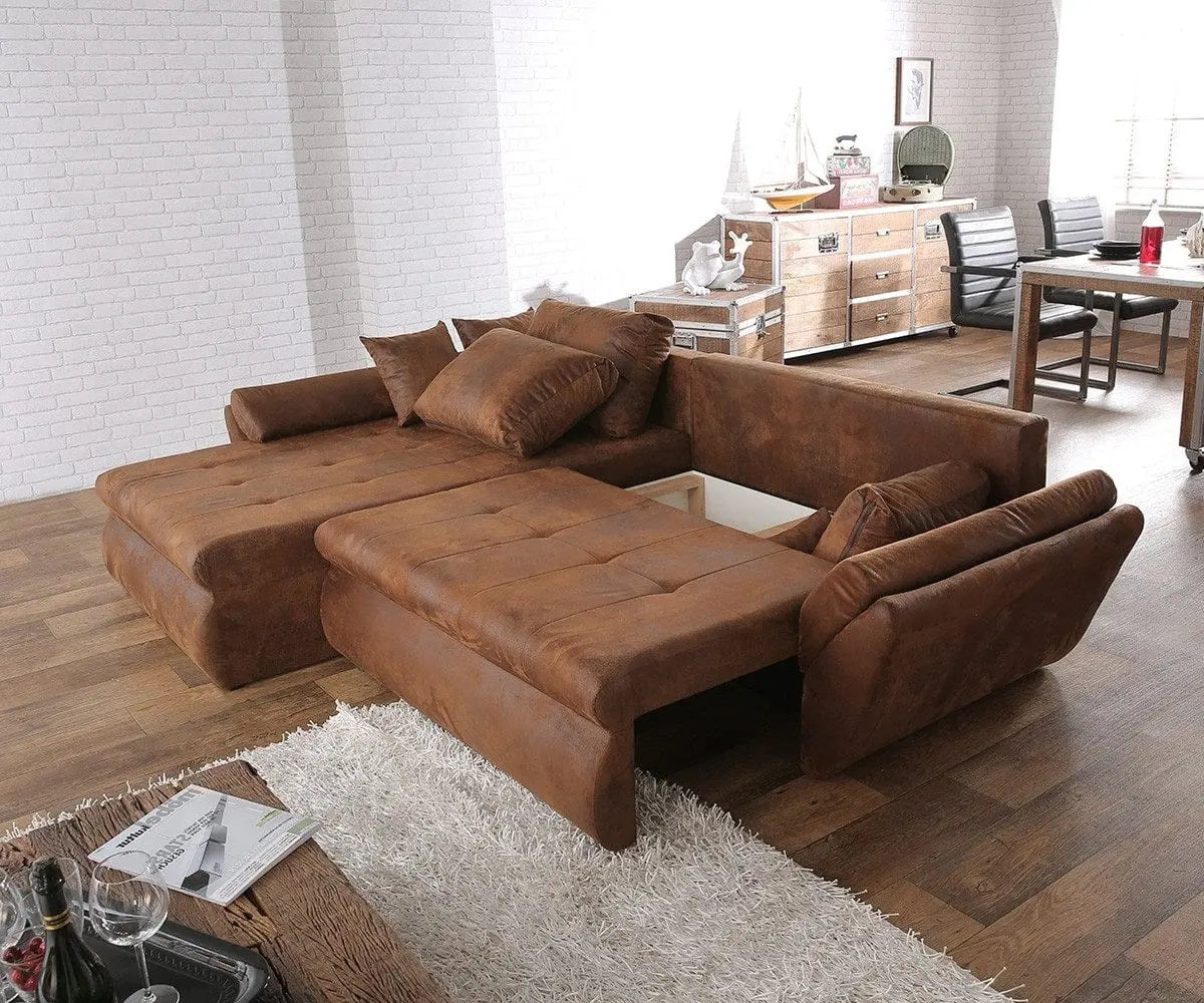 Colțar extensibil dumonde cu ladă de depozitare si sezut confortabil din spuma HR, Loana Brown II 270x185 cm