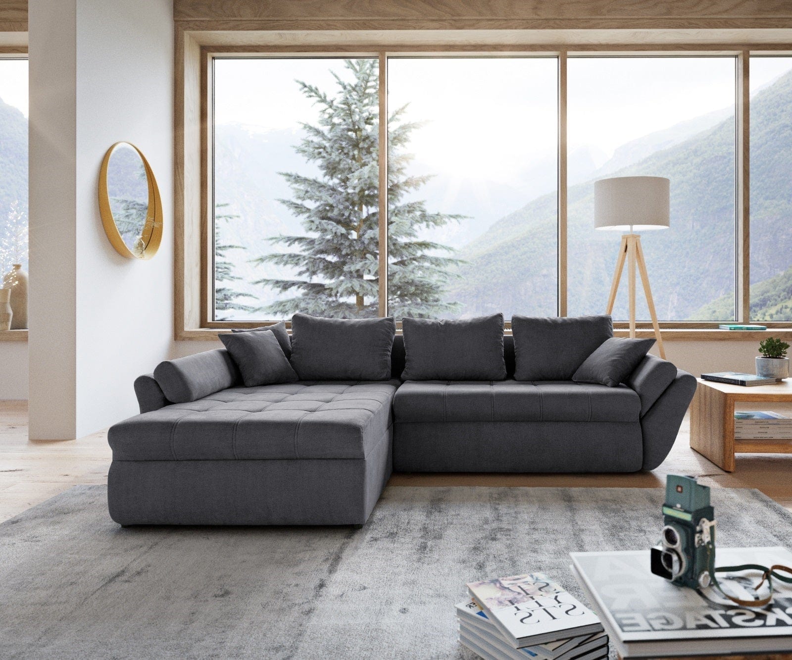 Colțar extensibil dumonde cu ladă de depozitare si sezut confortabil din spuma HR, Loana Enjoy Grafit 270x185 cm