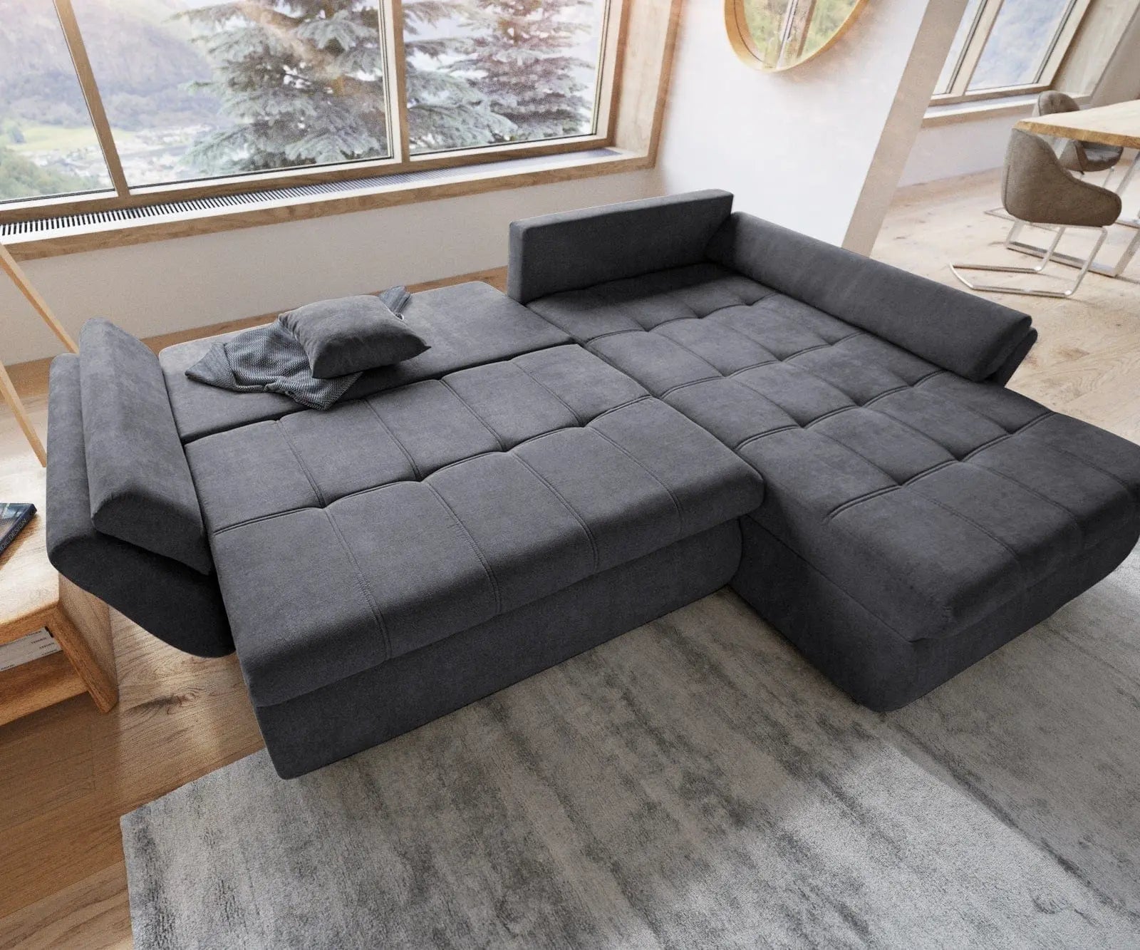 Colțar extensibil dumonde cu ladă de depozitare si sezut confortabil din spuma HR, Loana Enjoy Grafit II 270x185 cm