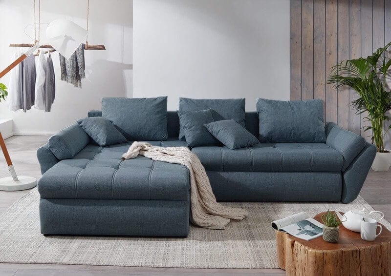 Colțar extensibil cu ladă de depozitare si sezut confortabil din spuma HR, Loana Blue 270x185 cm