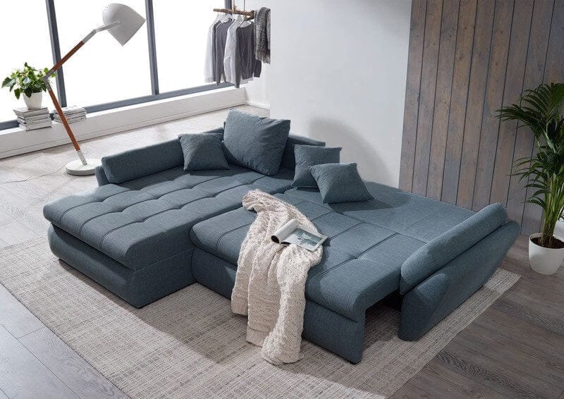 Colțar extensibil cu ladă de depozitare si sezut confortabil din spuma HR, Loana Blue 270x185 cm