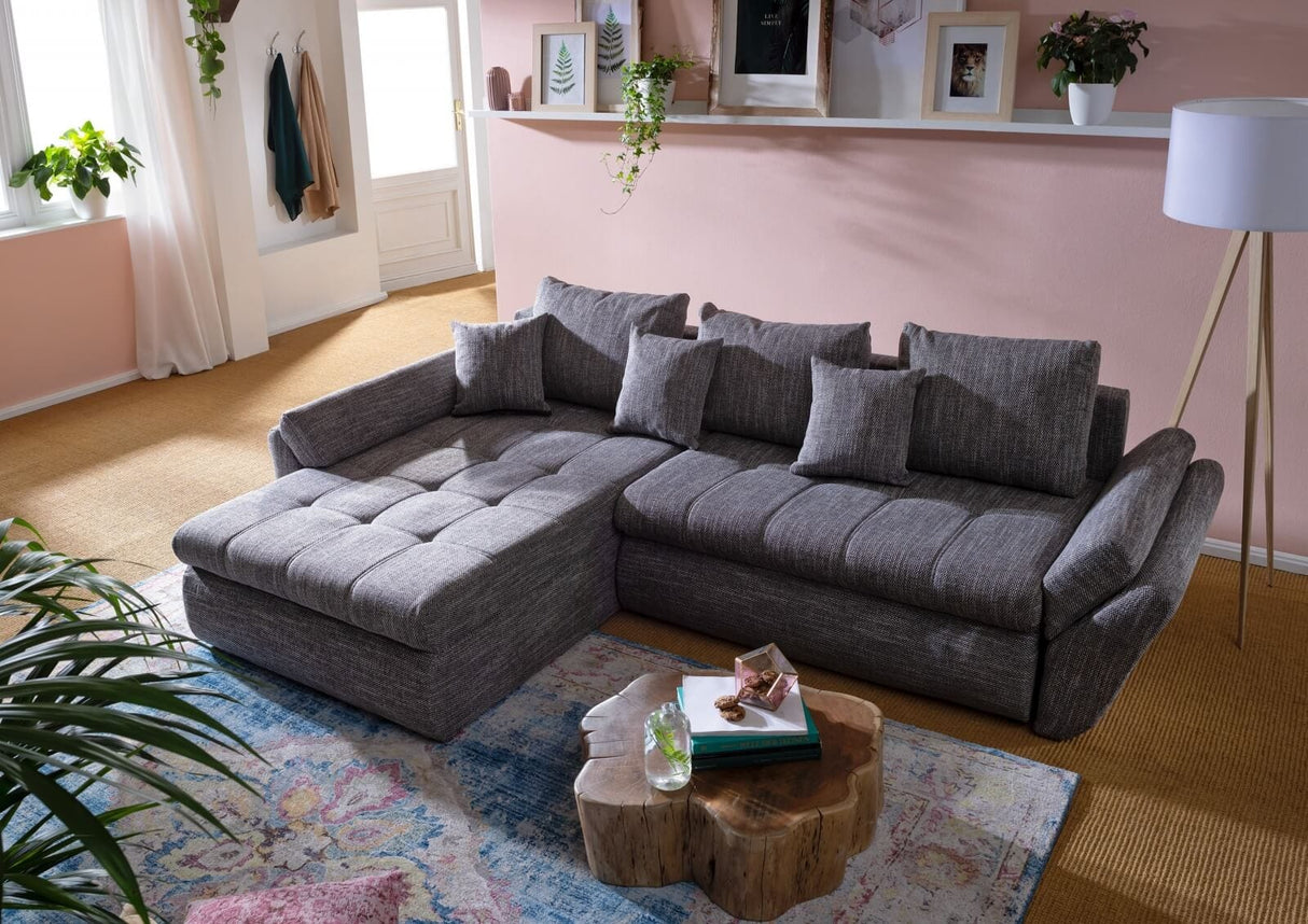 Colțar extensibil dumonde cu ladă de depozitare si sezut confortabil din spuma HR, Loana Grey Mat 270x185 cm