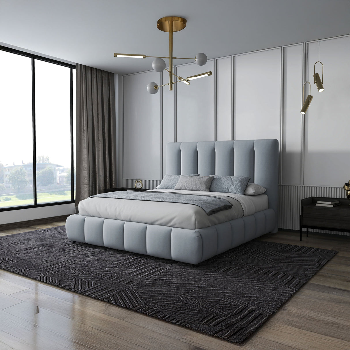 Pat dormitor dumonde, tapitat gri, Divaneo 180x200 cm, somiera rabatabila inclusa, spatiu depozitare