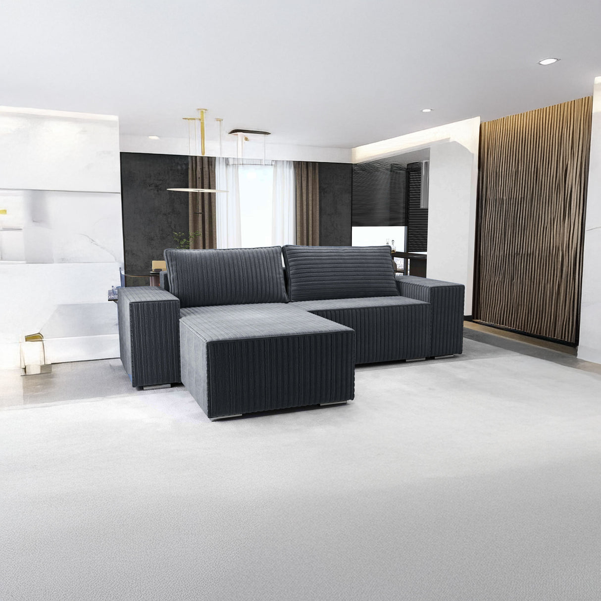 Colțar extensibil dumonde cu ladă de depozitare si sezut confortabil din spuma HR, Dream Ambience Gri 290x185 cm