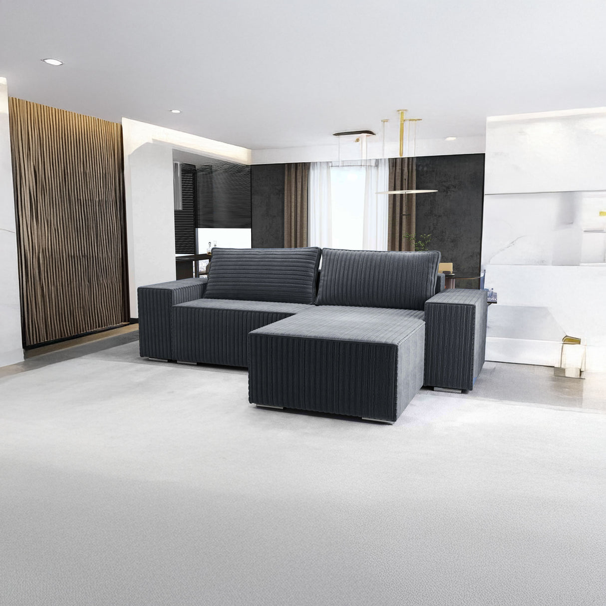 Colțar extensibil dumonde cu ladă de depozitare si sezut confortabil din spuma HR, Dream Ambience Gri 290x185 cm II