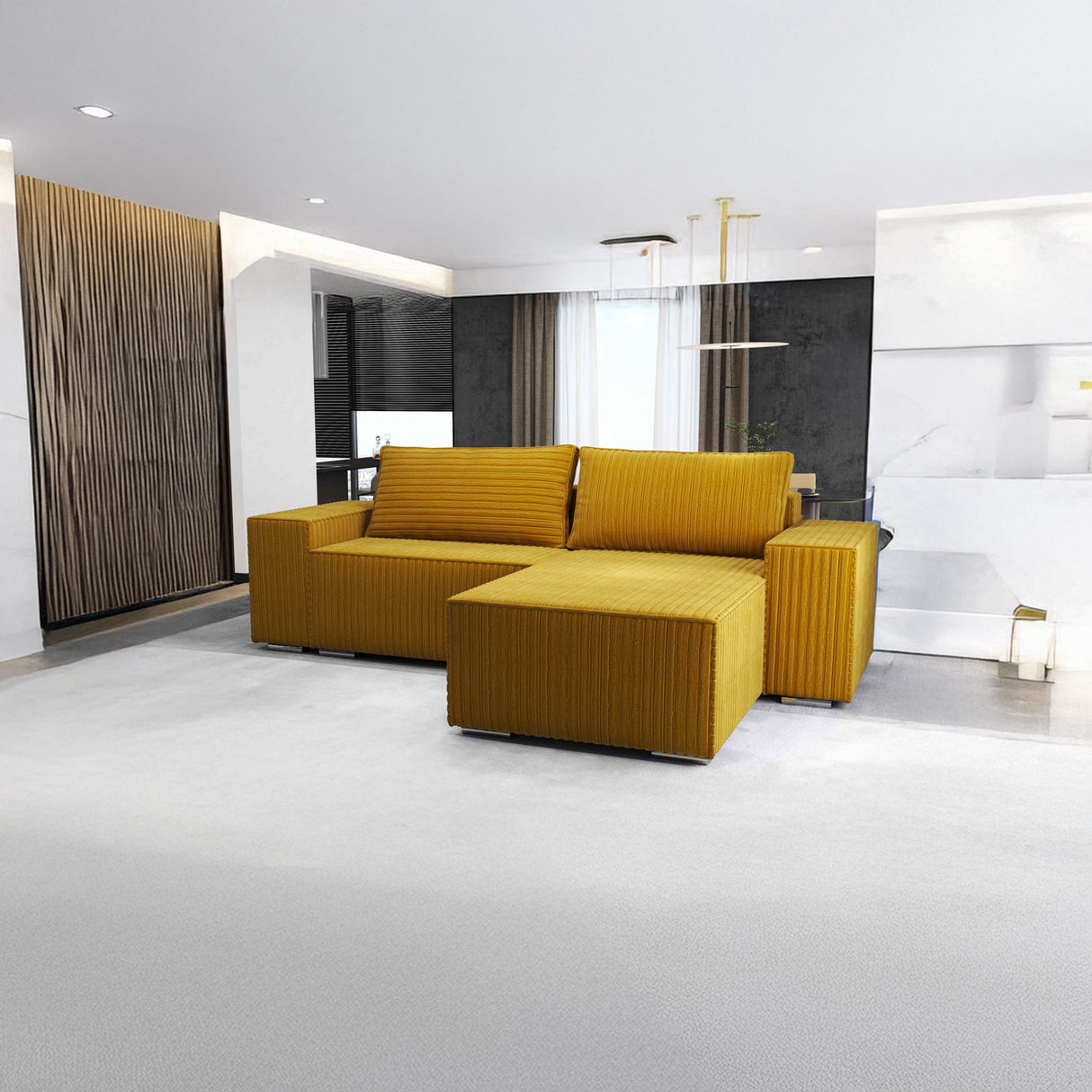 Colțar extensibil dumonde cu ladă de depozitare si sezut confortabil din spuma HR, Dream Ambience Mustar 290x185 cm II