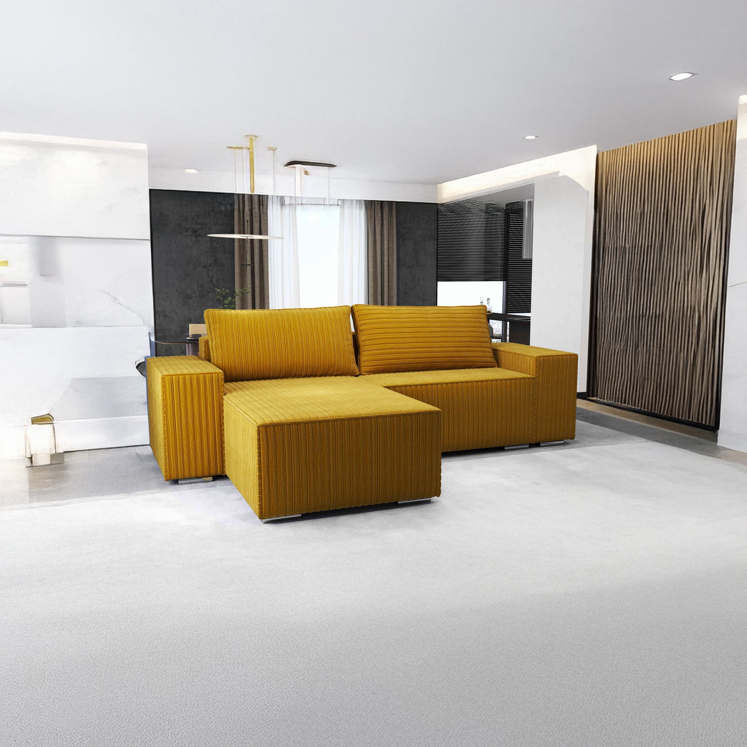 Colțar extensibil dumonde cu ladă de depozitare si sezut confortabil din spuma HR, Dream Ambience Mustar 290x185 cm Fabrica