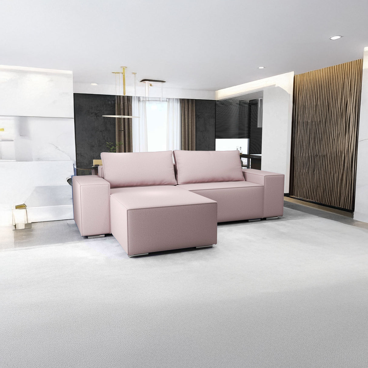 Colțar extensibil dumonde cu ladă de depozitare si sezut confortabil din spuma HR, Dream Enjoy Flamingo 290x185 cm