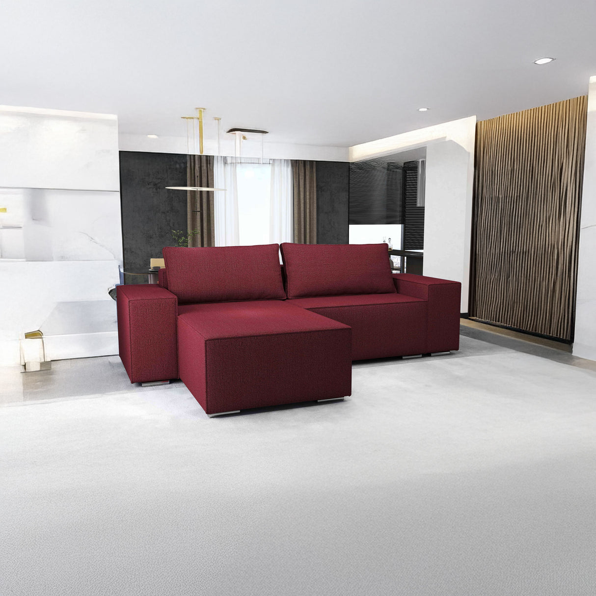 Colțar extensibil dumonde cu ladă de depozitare si sezut confortabil din spuma HR, Dream Enjoy Rosu 290x185 cm
