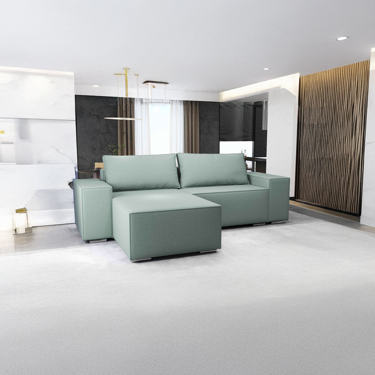 Colțar extensibil dumonde cu ladă de depozitare si sezut confortabil din spuma HR, Dream Enjoy Verde Mint 290x185 cm