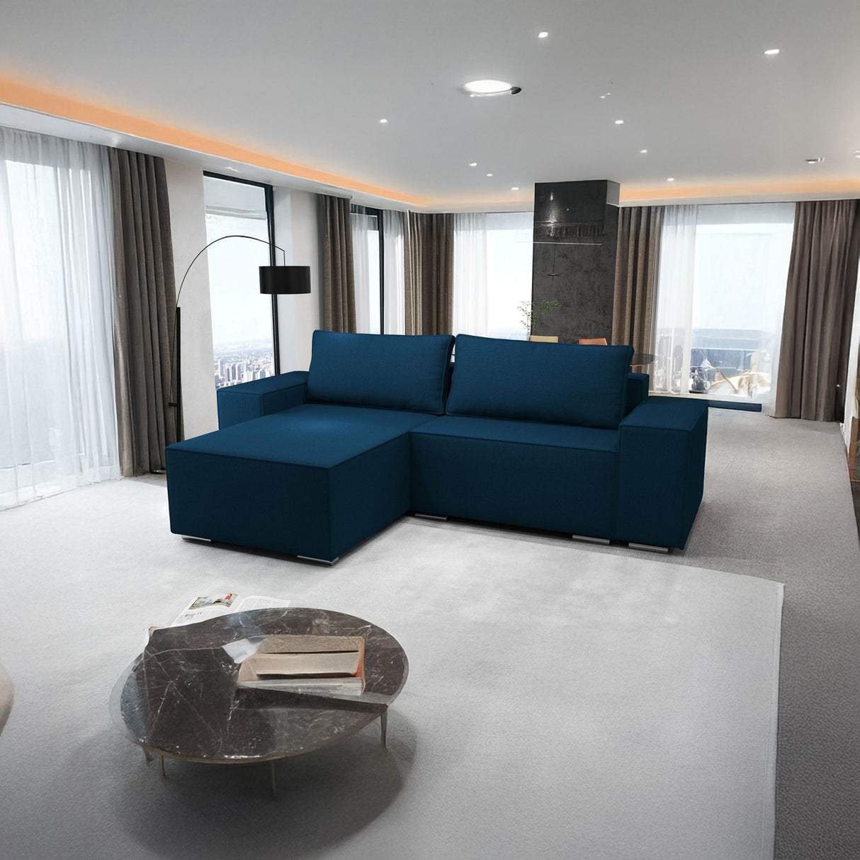 Colțar extensibil dumonde cu ladă de depozitare si sezut confortabil din spuma HR, Dream Enjoy Verde Petrol 290x185 cm