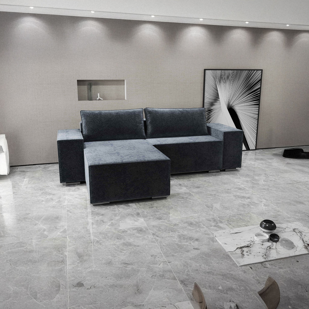 Colțar extensibil dumonde cu ladă de depozitare si sezut confortabil din spuma HR, Dream Euphoria Grafit 290x185 cm