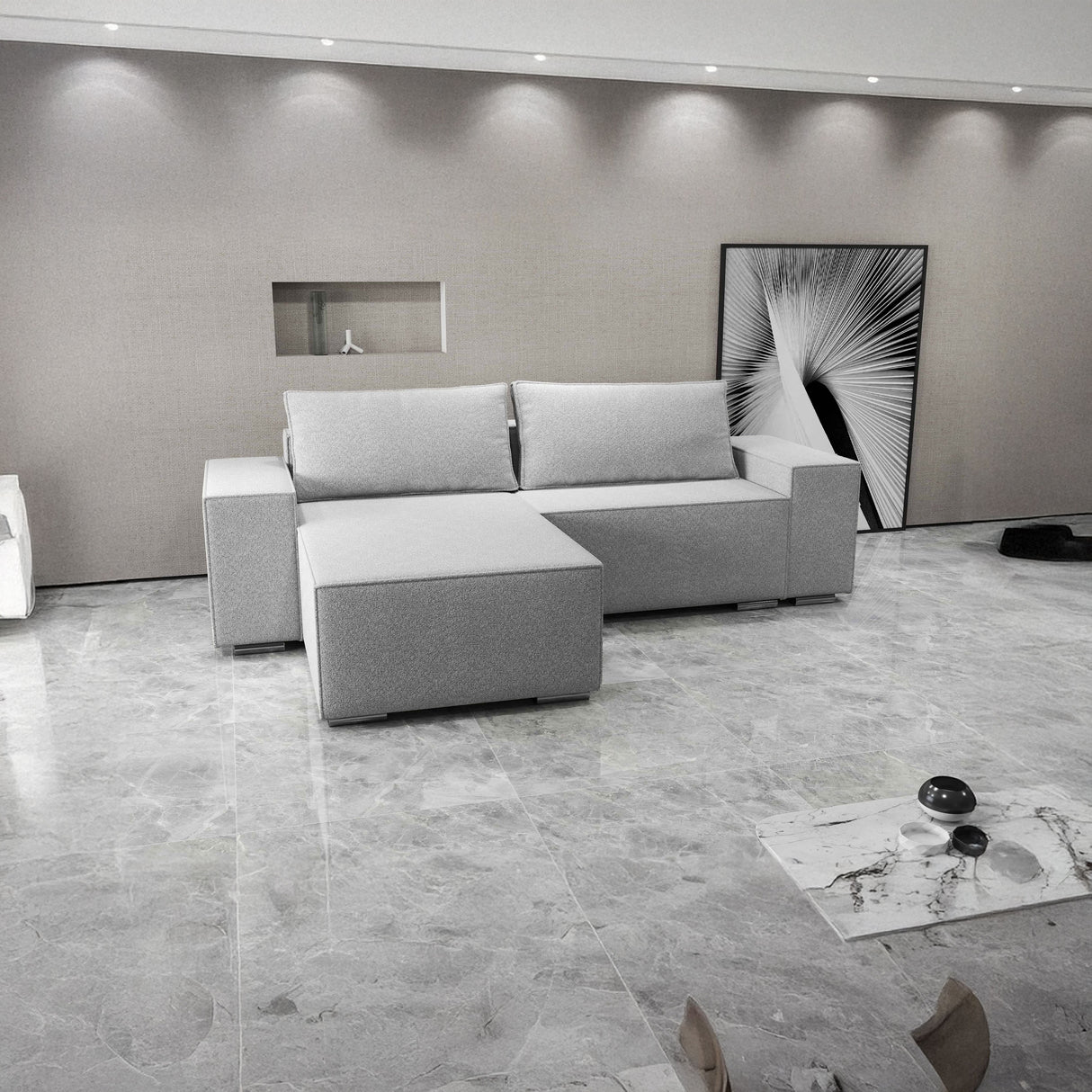 Colțar extensibil dumonde cu ladă de depozitare si sezut confortabil din spuma HR, Dream Euphoria Gri 290x185 cm