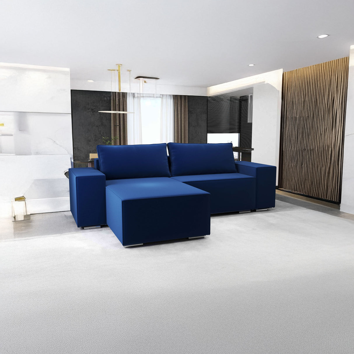 Colțar extensibil dumonde cu ladă de depozitare si sezut confortabil din spuma HR, Dream Royal Albastru 290x185 cm