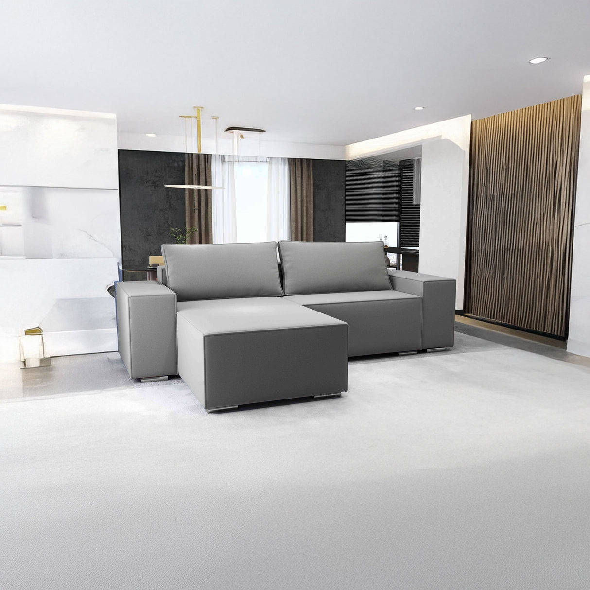 Colțar extensibil dumonde cu ladă de depozitare si sezut confortabil din spuma HR, Dream Royal Gri 290x185 cm