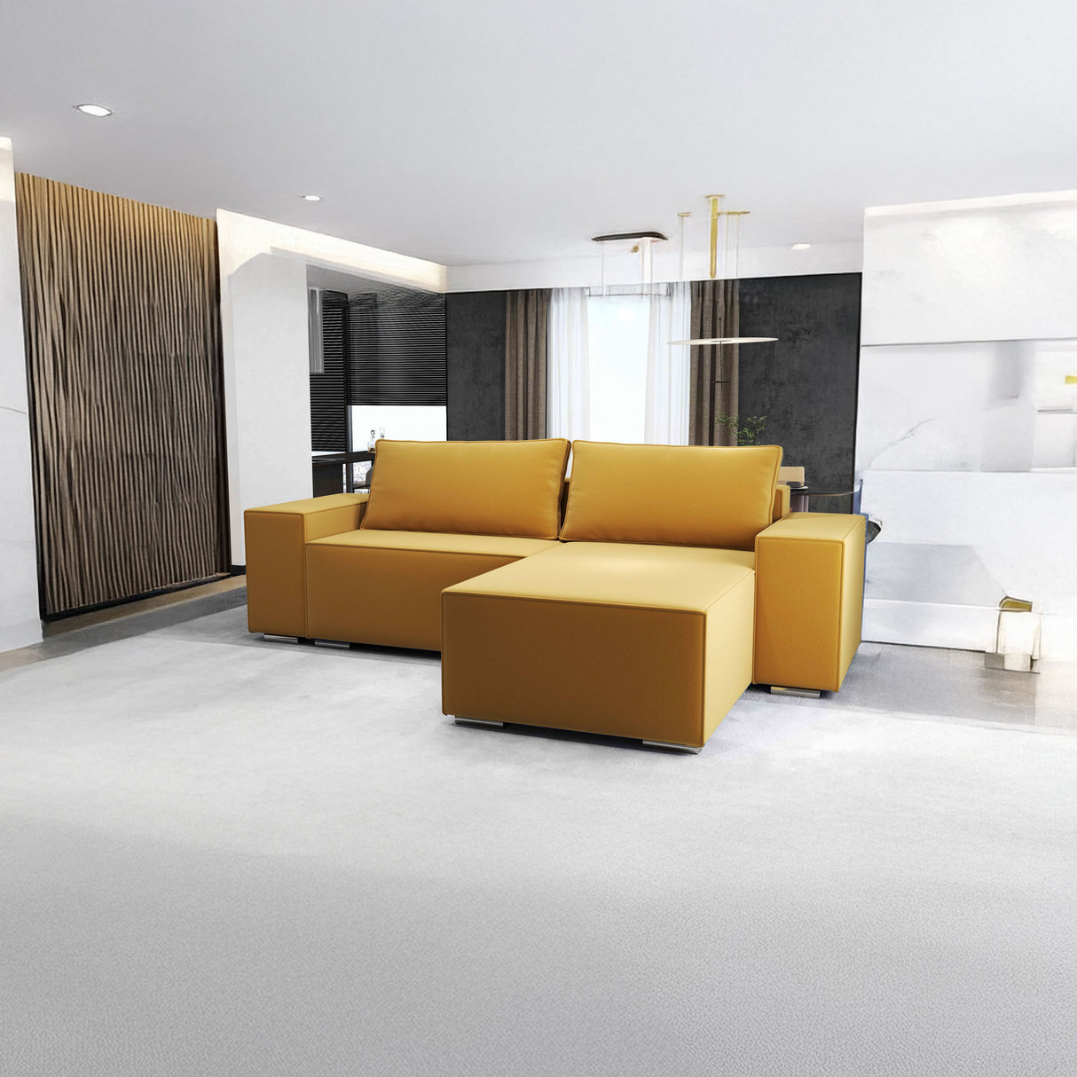 Colțar extensibil dumonde cu ladă de depozitare si sezut confortabil din spuma HR, Dream Royal Mustar 290x185 cm II
