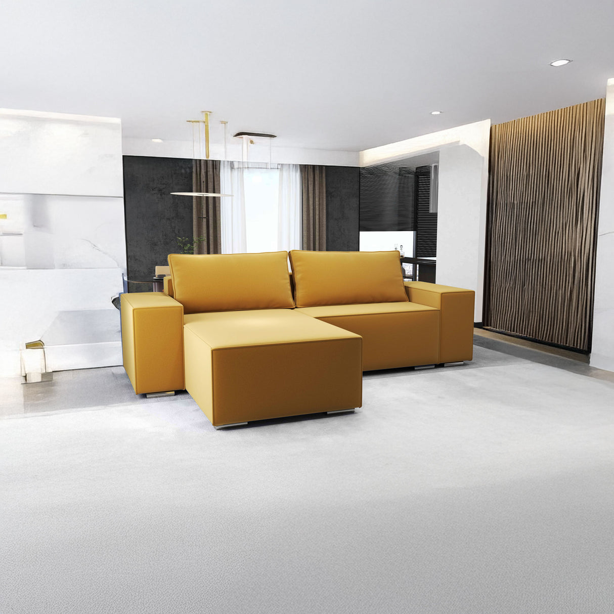 Colțar extensibil dumonde cu ladă de depozitare si sezut confortabil din spuma HR, Dream Royal Mustar 290x185 cm