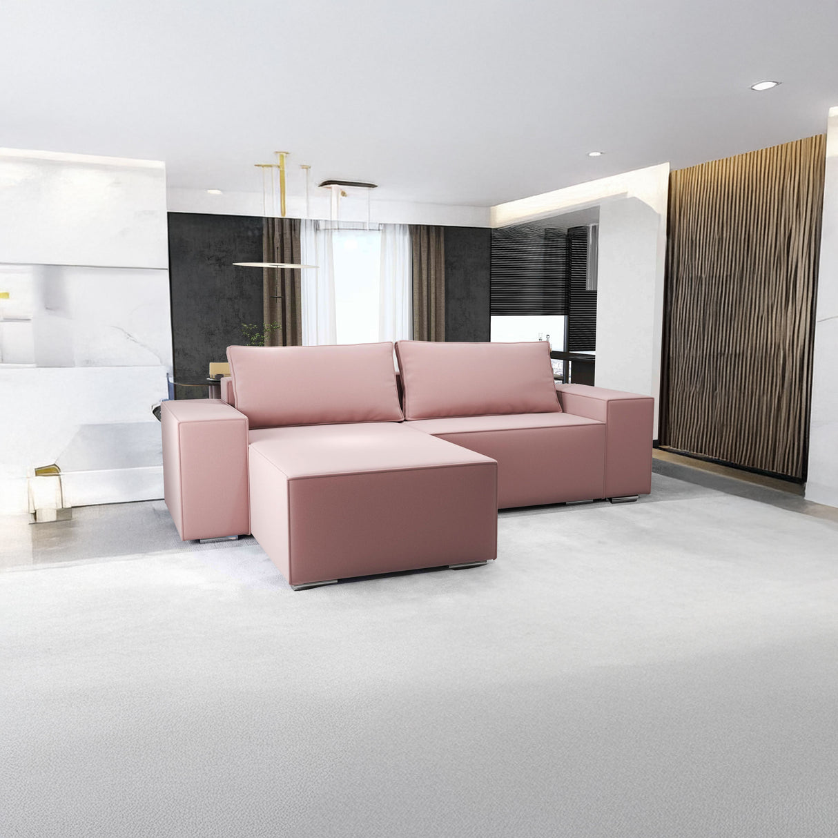 Colțar extensibil dumonde cu ladă de depozitare si sezut confortabil din spuma HR, Dream Royal Roz 290x185 cm