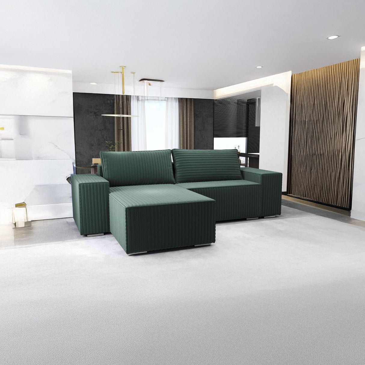 Colțar extensibil dumonde cu ladă de depozitare si sezut confortabil din spuma HR, Dream Ambience Verde 290x185 cm