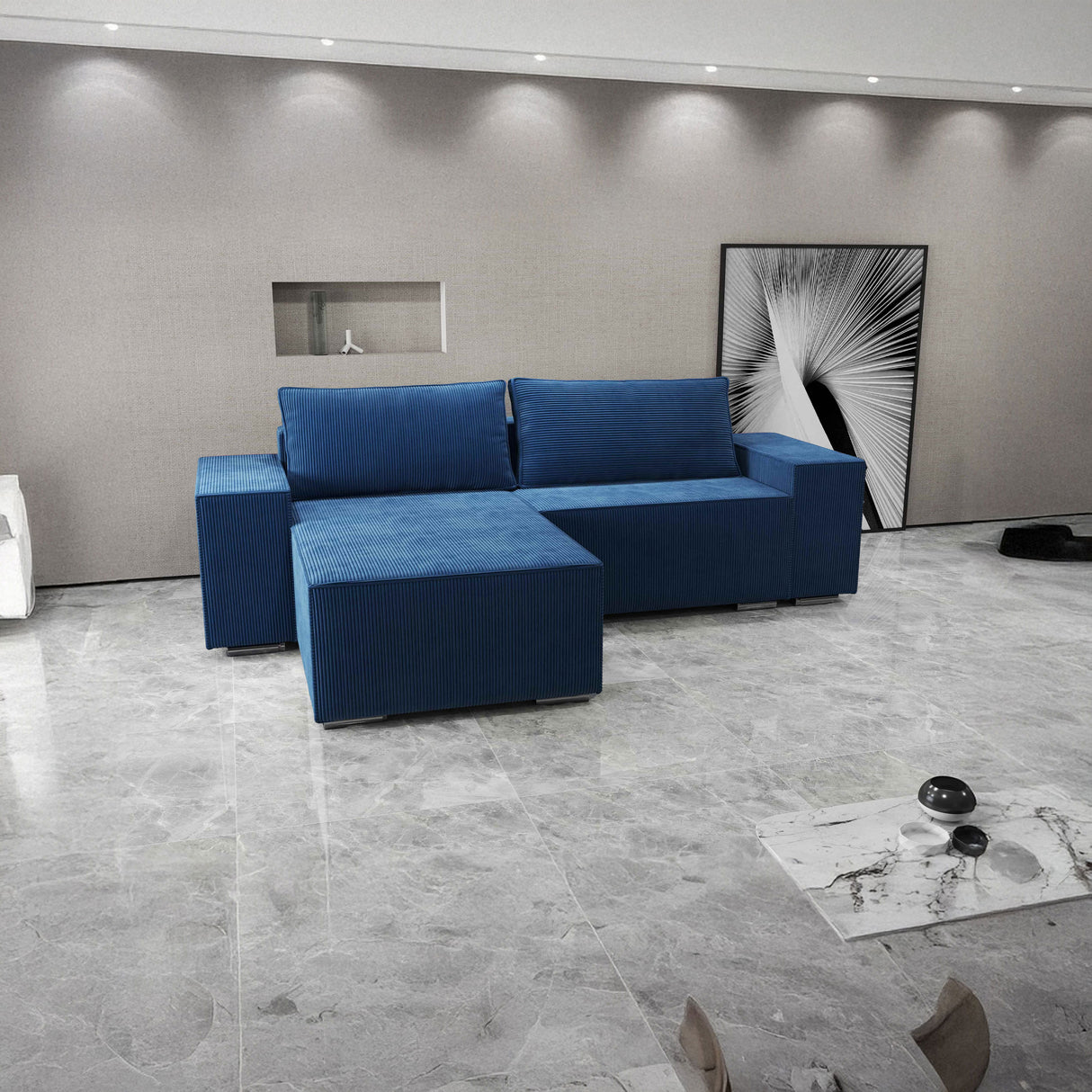 Colțar extensibil dumonde cu ladă de depozitare si sezut confortabil din spuma HR, Dream Zoom Albastru 290x185 cm