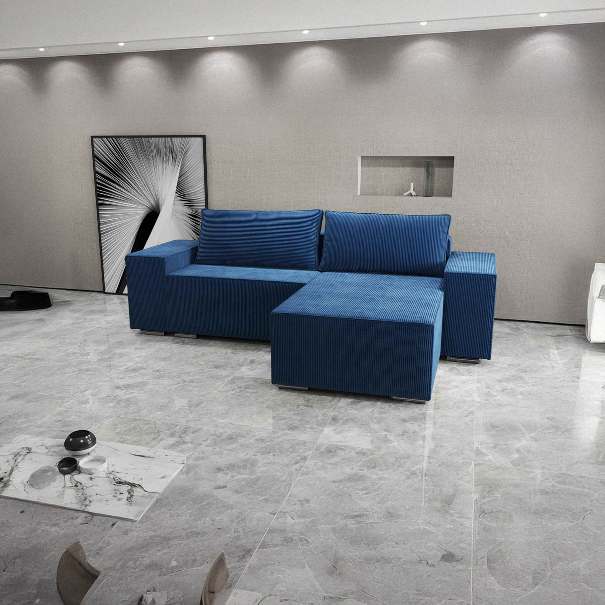 Colțar extensibil dumonde cu ladă de depozitare si sezut confortabil din spuma HR, Dream Zoom Albastru 290x185 cm II