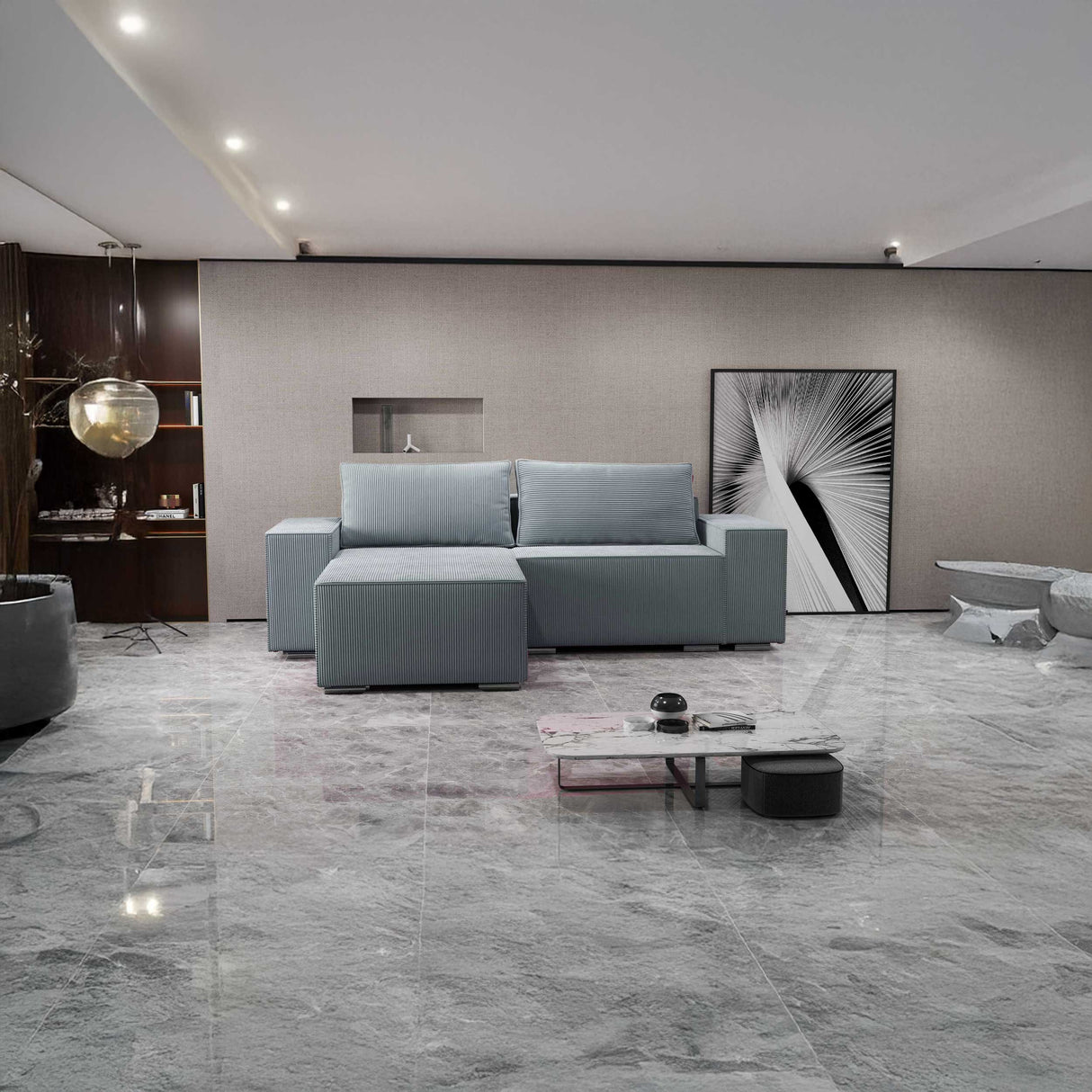 Colțar extensibil dumonde cu ladă de depozitare si sezut confortabil din spuma HR, Dream Zoom Gri Mint 290x185 cm Fabrica