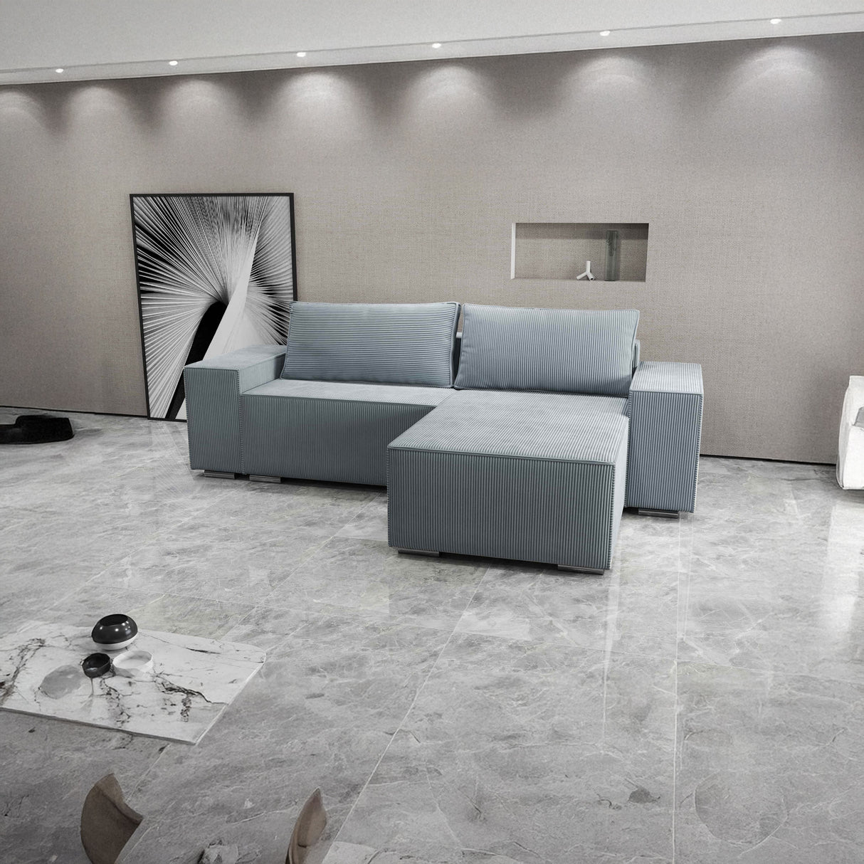 Colțar extensibil dumonde cu ladă de depozitare si sezut confortabil din spuma HR, Dream Zoom Gri Mint 290x185 cm II