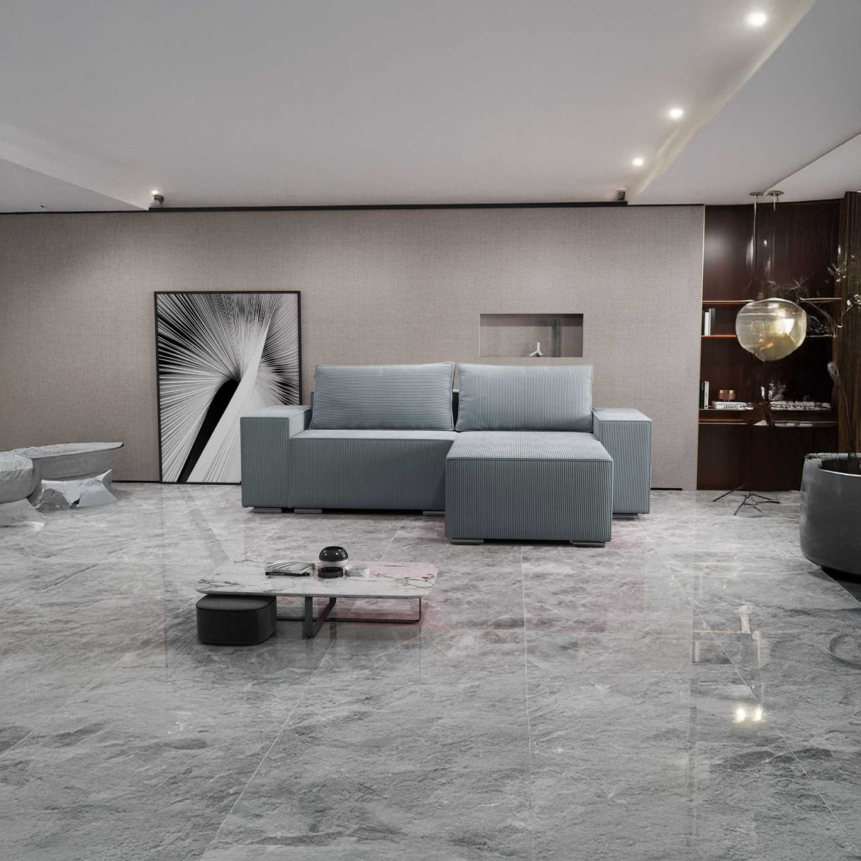 Colțar extensibil dumonde cu ladă de depozitare si sezut confortabil din spuma HR, Dream Zoom Gri Mint 290x185 cm II Fabrica