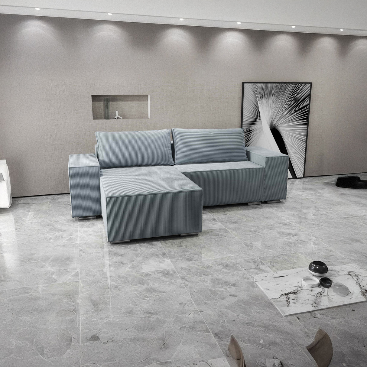 Colțar extensibil dumonde cu ladă de depozitare si sezut confortabil din spuma HR, Dream Zoom Gri Mint 290x185 cm