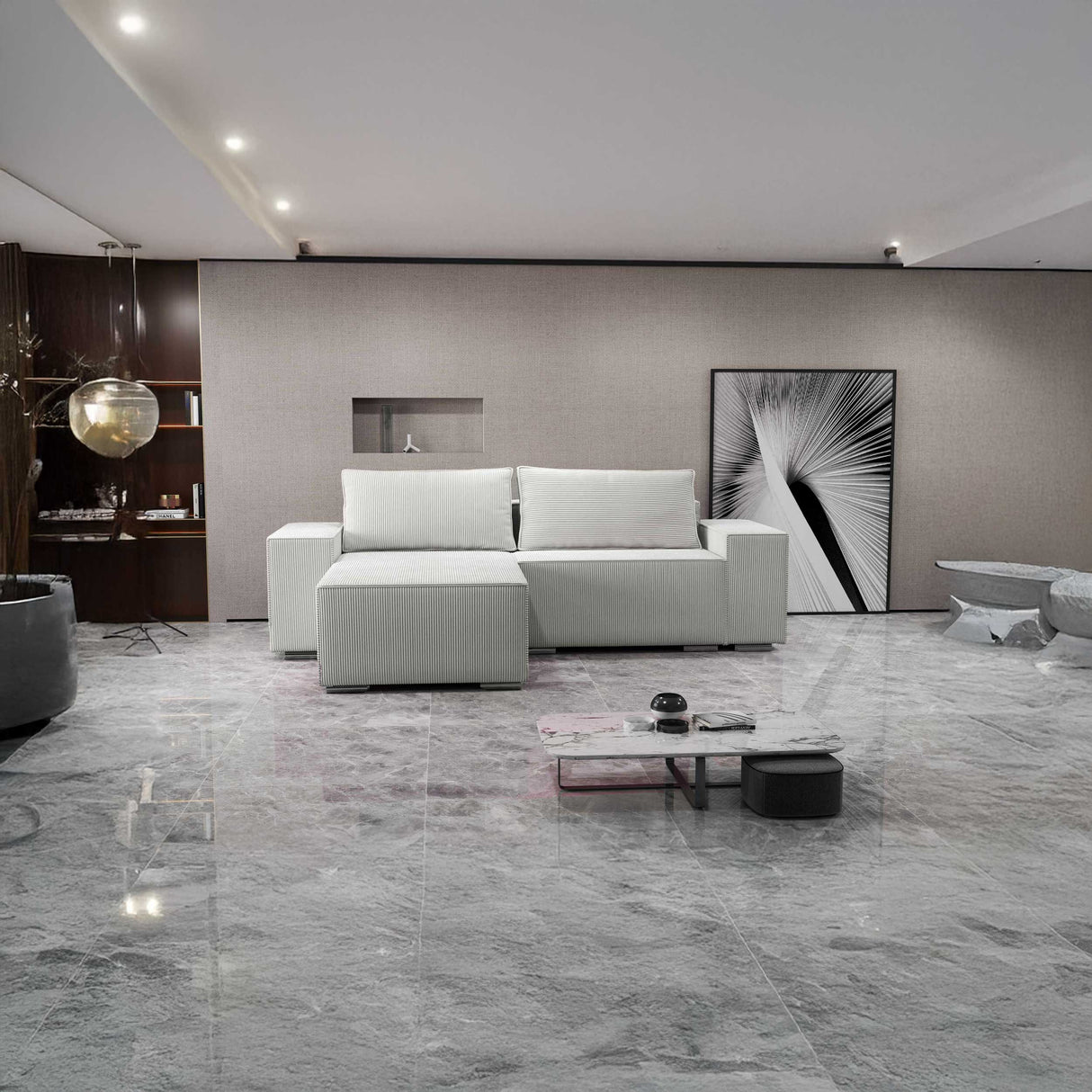 Colțar extensibil dumonde cu ladă de depozitare si sezut confortabil din spuma HR, Dream Zoom Gri 290x185 cm Fabrica