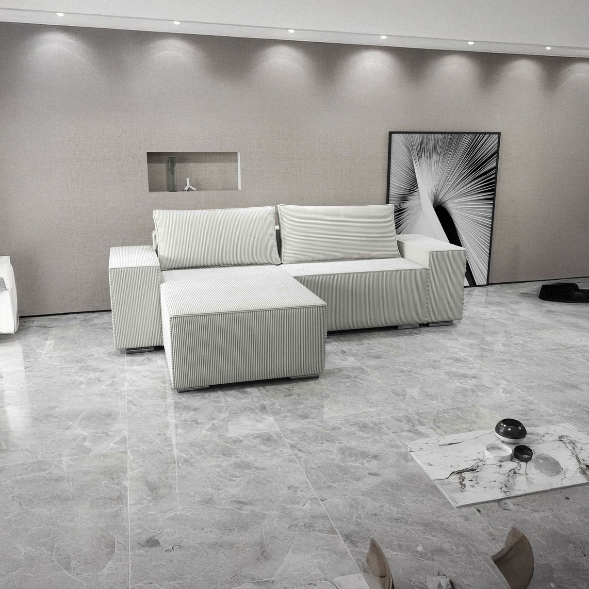 Colțar extensibil dumonde cu ladă de depozitare si sezut confortabil din spuma HR, Dream Zoom Gri 290x185 cm