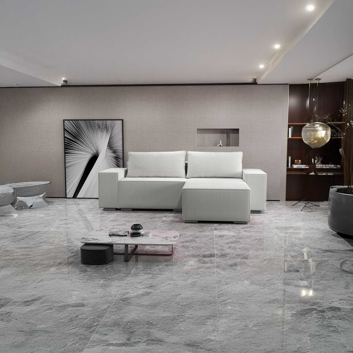 Colțar extensibil dumonde cu ladă de depozitare si sezut confortabil din spuma HR, Dream Zoom Gri 290x185 cm II Fabrica