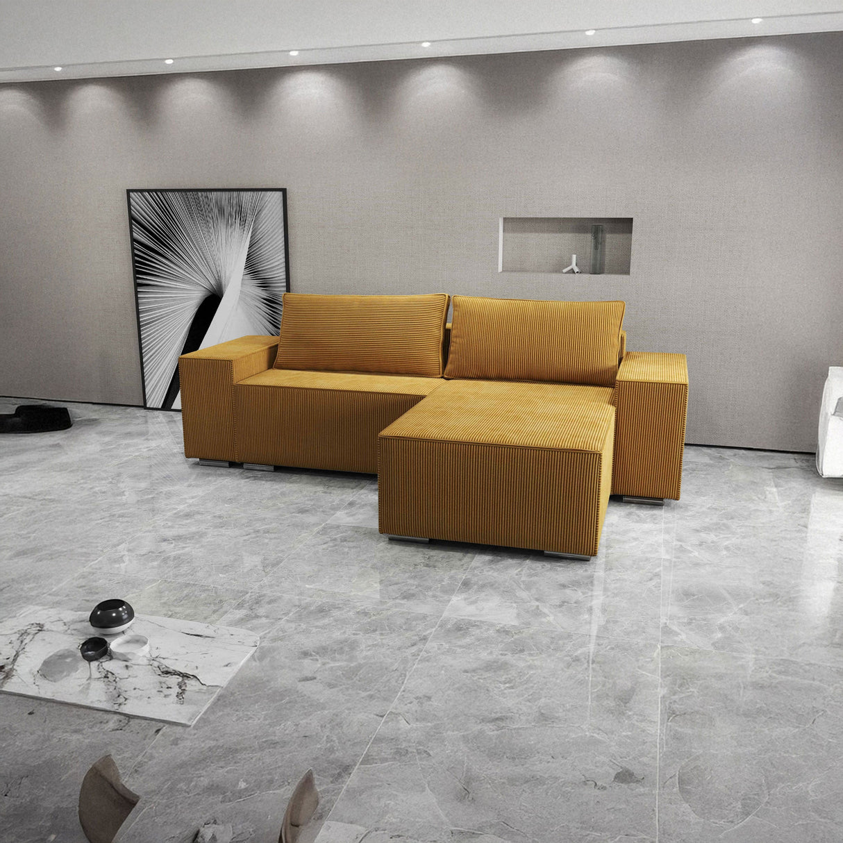 Colțar extensibil dumonde cu ladă de depozitare si sezut confortabil din spuma HR, Dream Zoom Mustar 290x185 cm II
