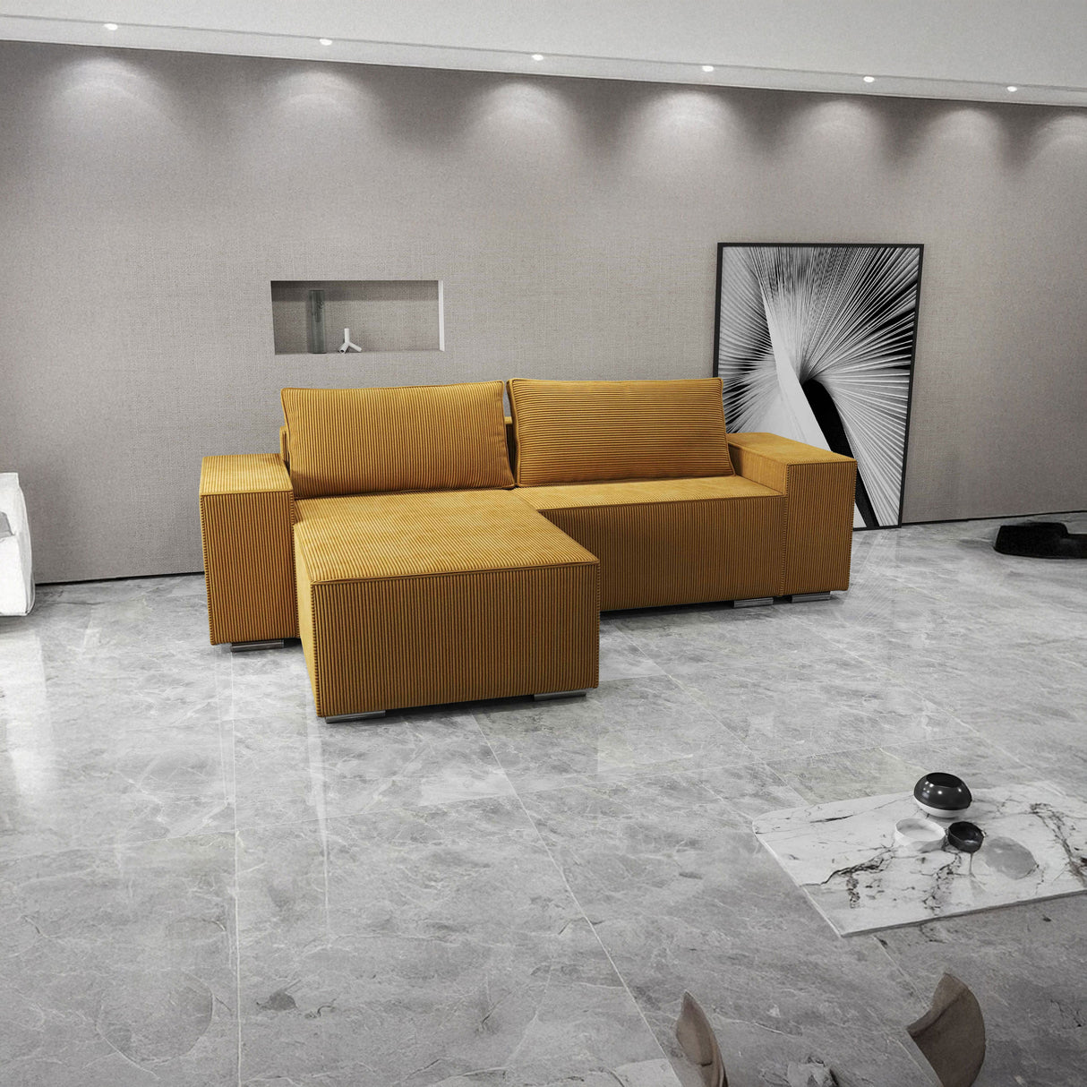 Colțar extensibil dumonde cu ladă de depozitare si sezut confortabil din spuma HR, Dream Zoom Mustar 290x185 cm