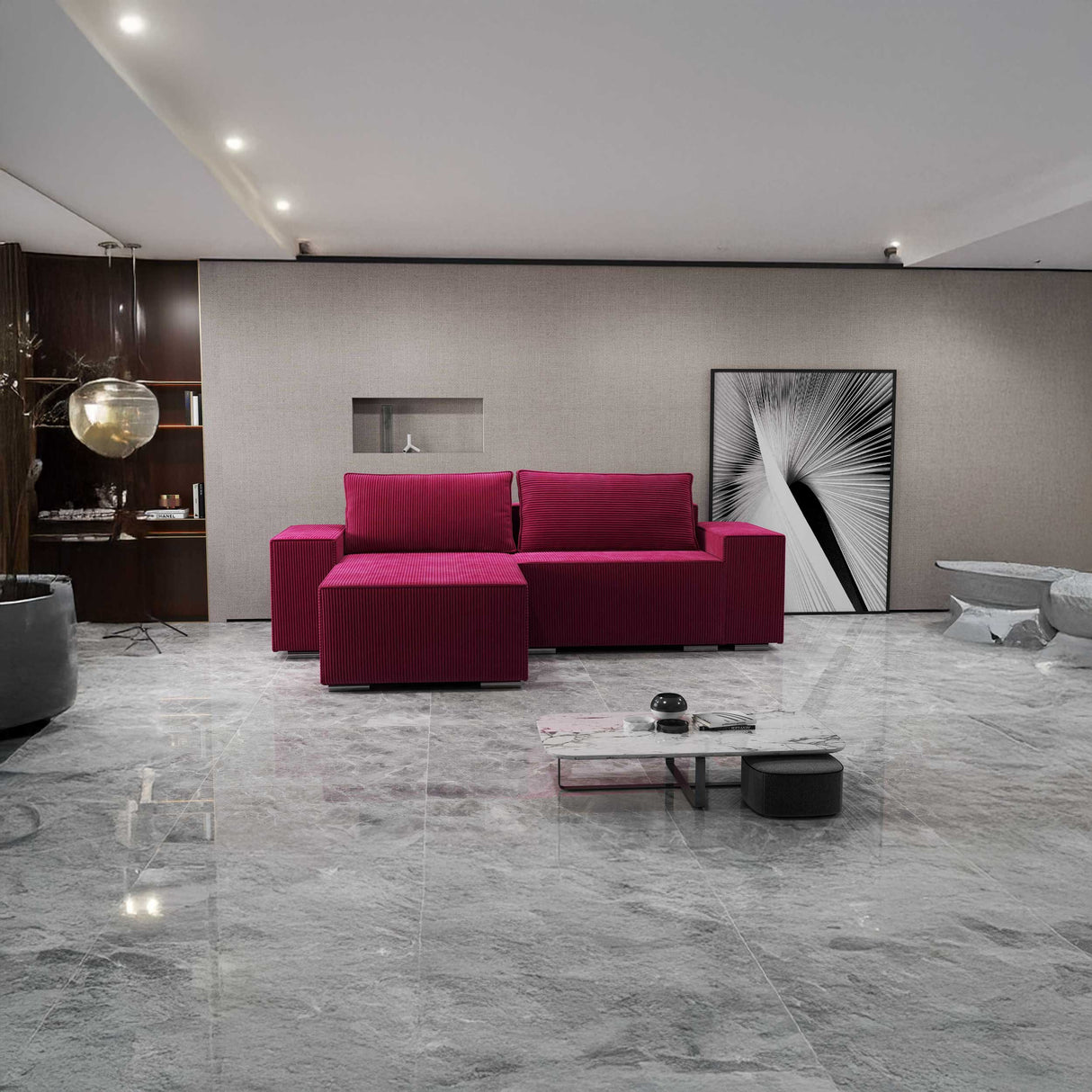 Colțar extensibil dumonde cu ladă de depozitare si sezut confortabil din spuma HR, Dream Zoom Rosu 290x185 cm Fabrica