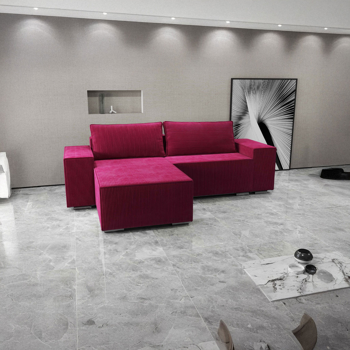 Colțar extensibil dumonde cu ladă de depozitare si sezut confortabil din spuma HR, Dream Zoom Rosu 290x185 cm
