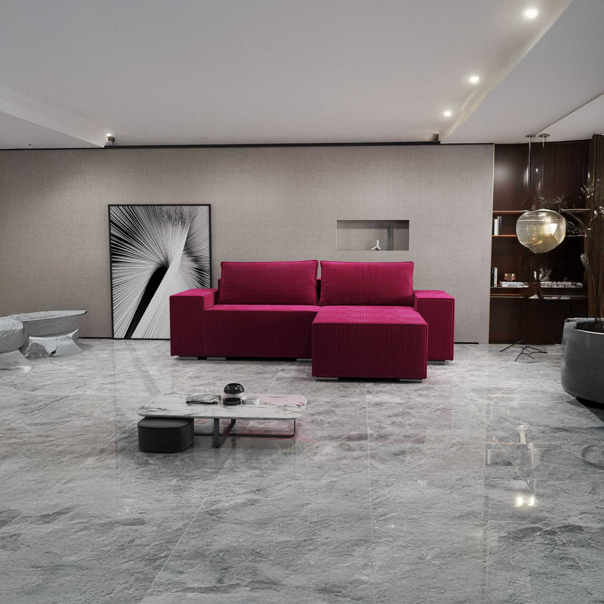 Colțar extensibil dumonde cu ladă de depozitare si sezut confortabil din spuma HR, Dream Zoom Rosu 290x185 cm II Fabrica
