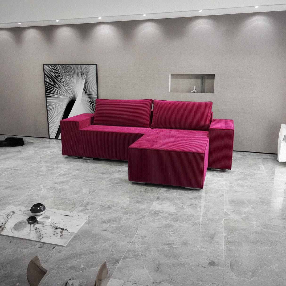 Colțar extensibil dumonde cu ladă de depozitare si sezut confortabil din spuma HR, Dream Zoom Rosu 290x185 cm II