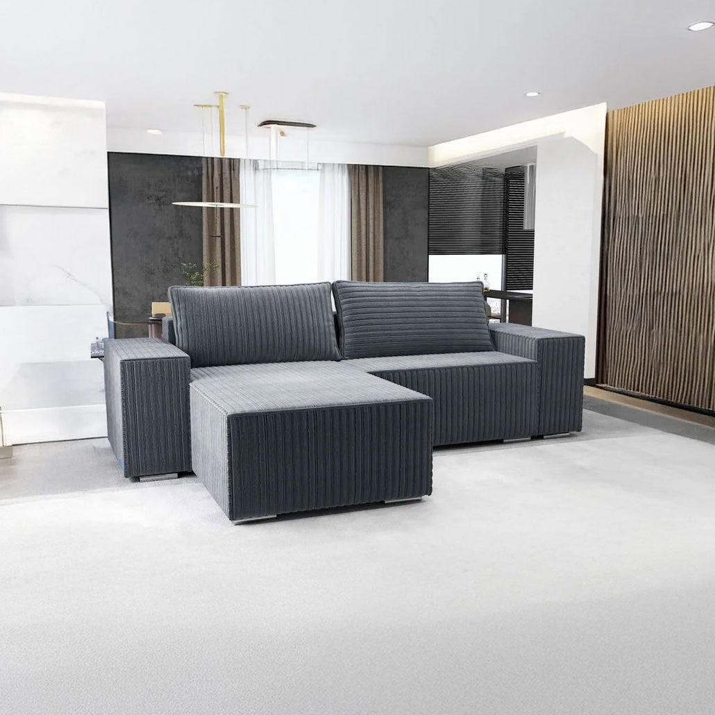 Colțar extensibil dumonde cu ladă de depozitare si sezut confortabil din spuma HR, Dream Ambience Gri 290x185 cm