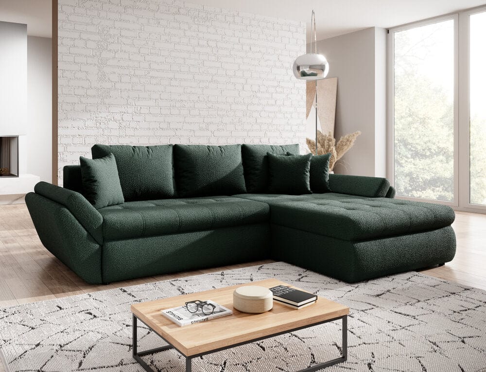 Colțar extensibil cu ladă de depozitare si sezut confortabil din spuma HR, Loana Euphoria Green II 275x185 cm